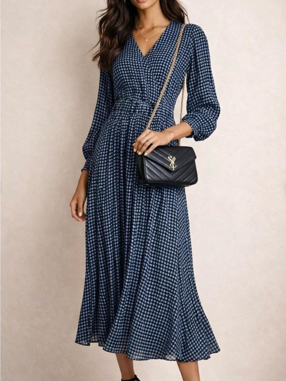 Who What Wear Navy Patterned V-Neck Long Sleeve Midi Dress